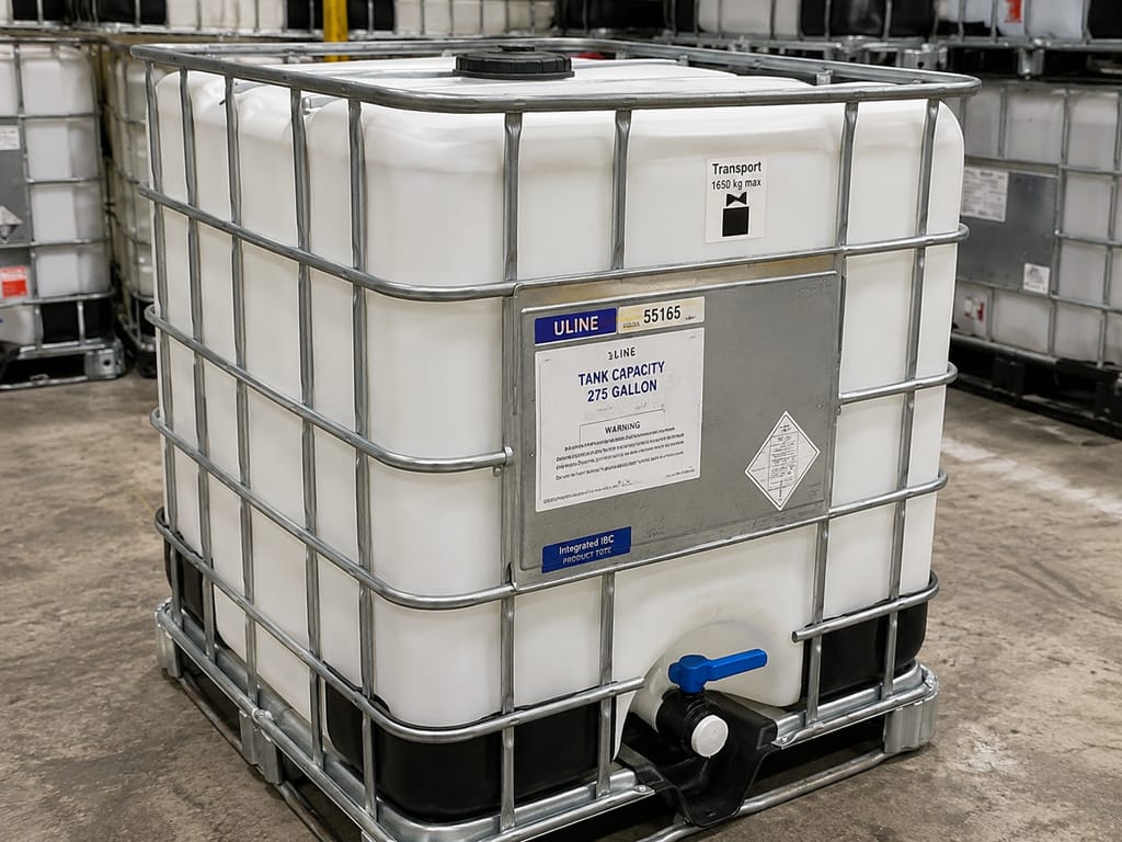 Close-up of a single 275 gallon IBC tote showing its capacity label, UN placard and blue ball valve