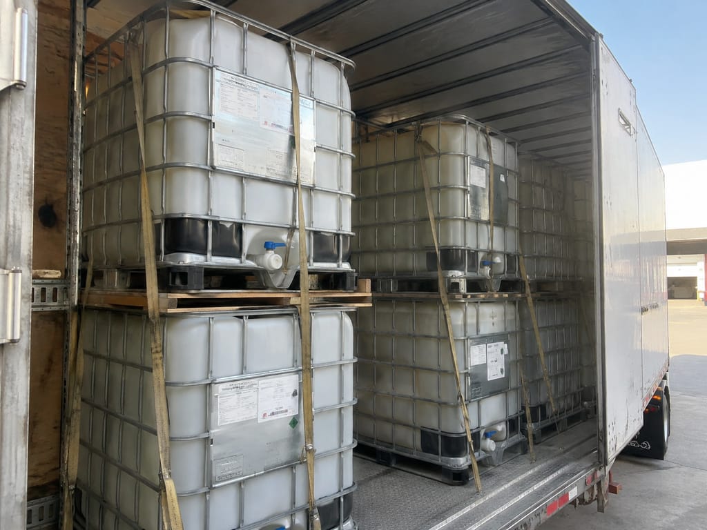 IBC totes strapped two high inside a box trailer with timber dunnage between the layers