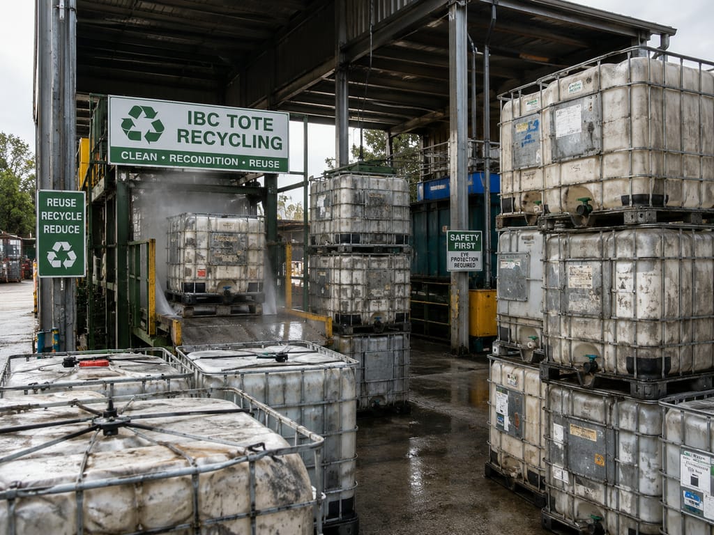 Tote wash line under a canopy with a recycling sign reading clean, recondition, reuse, spraying a used IBC tote