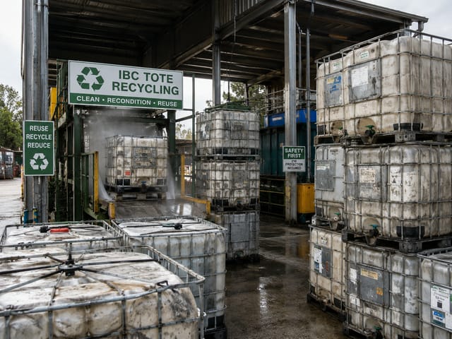 Tote wash line under a canopy with a recycling sign reading clean, recondition, reuse, spraying a used IBC tote