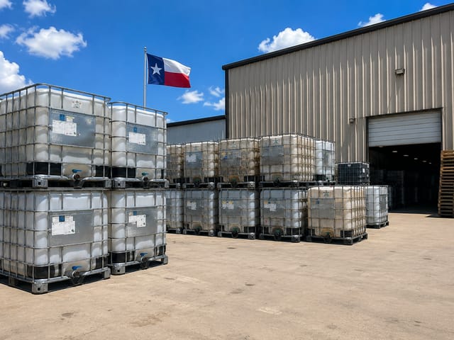 Outdoor tote yard beside a metal warehouse with the Texas flag flying overhead