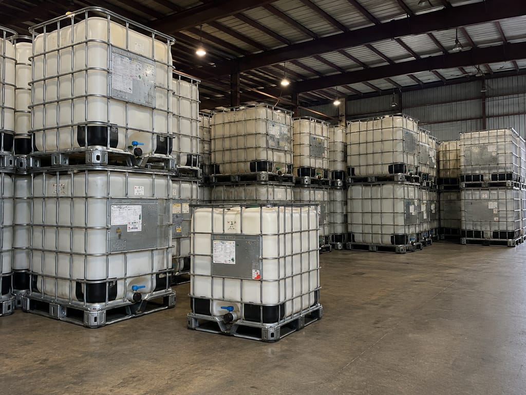 Wide view of a warehouse hall filled with reconditioned IBC totes on polished concrete