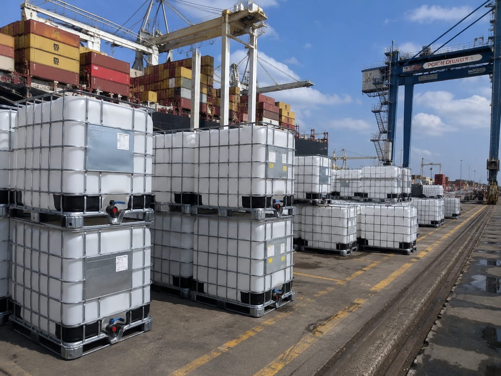 IBC totes staged on a port terminal apron beside stacked shipping containers and gantry cranes